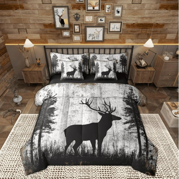 Manfei Farmhouse Deer Elk Twin Bedding Sets 7-Piece, Woodland Animal Bedding Comforter Set, Teens Boys Girls Kids Reversible Sheet Sets, Microfiber Bedroom Decor