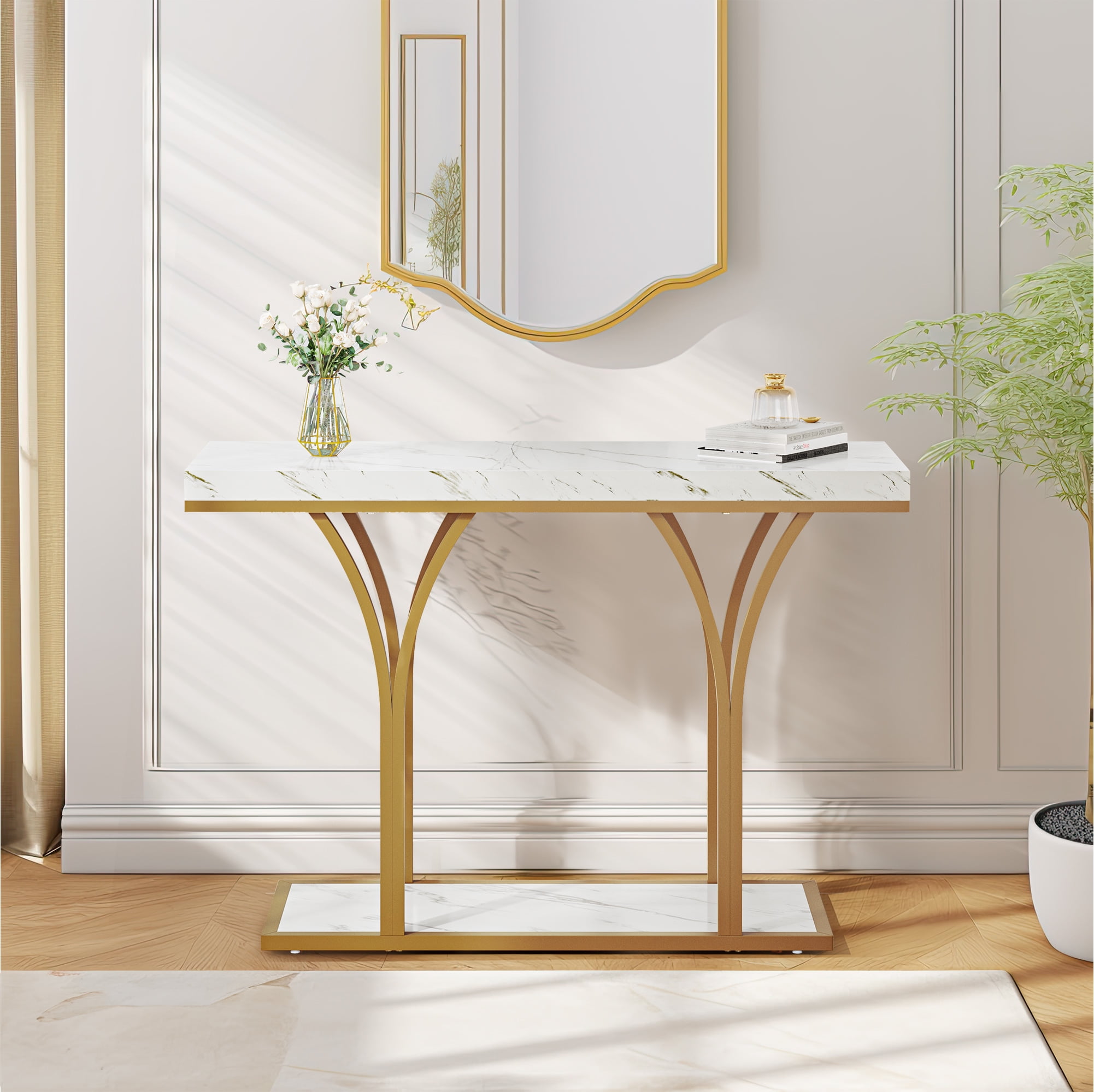 Dextrus Gold Console Table, Modern Faux Marble Entryway Table Behind Sofa Couch for Entry Way, Entrance, Living Room, Gold & White
