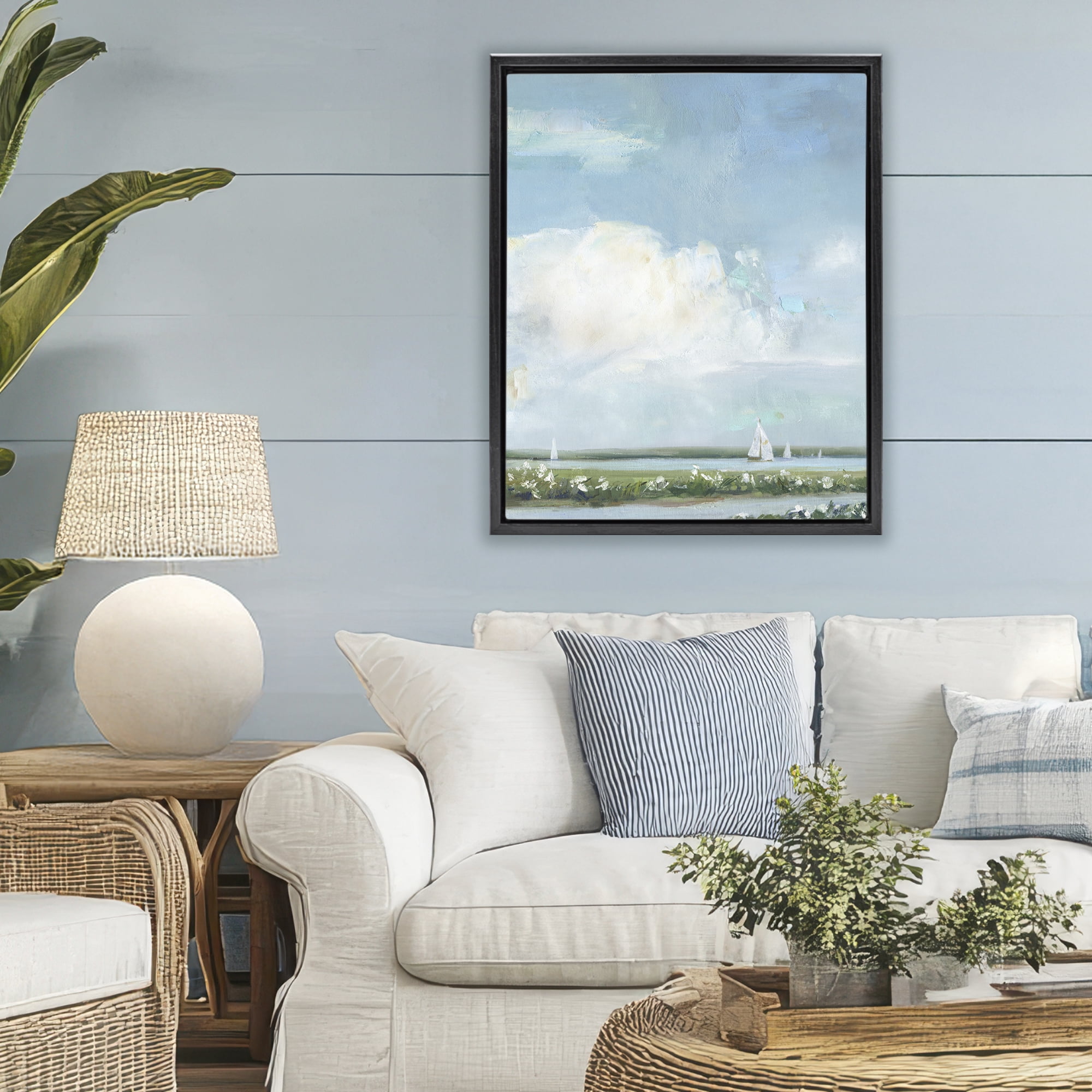 Stupell Industries Seaside Sailing Along Meadow Black Framed Floater Canvas Wall Art, design by Sally Swatland