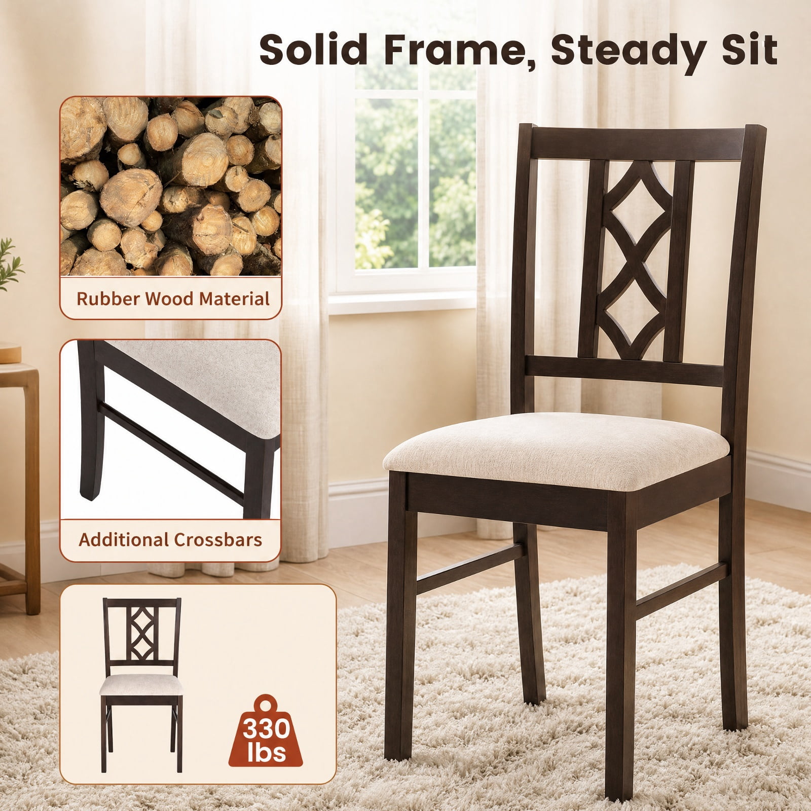 Furnibear Rubber Wood Dining Room Chairs Set of 2 with Hollowed Backrest and Padded Faux Linen Fabric Seat for Kitchen, Brown