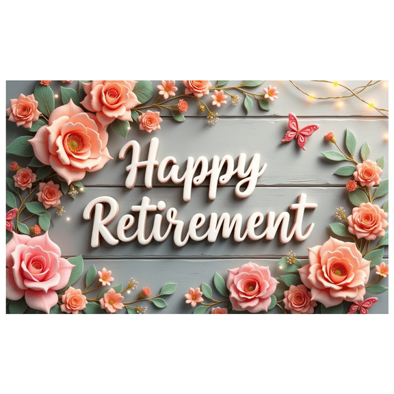 Floral Design Happy Retirement Decorative Roses Wooden Background Butterfly for Party Celebration Indoor Decoration Photo Shoot