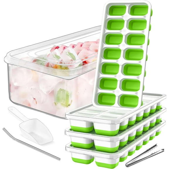 Ice Cube Tray with Lid and Bin (4 Pack, Green) Silicone Plastic Ice Cube Trays for Freezer, BPA Free Ice Trays with Bin, Ice Scoop, Ice Tong and Drinking Straw Stackable Ice Trays for Cocktail