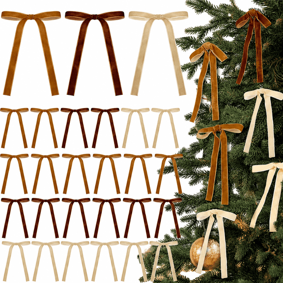 YuHangHu 24 Pack Velvet Christmas Bows, 5 x 7 Inch Pre-Tied Rustic Holiday Decorations for Christmas Trees, Wreaths and Home Decor, Brown, Khaki and Beige