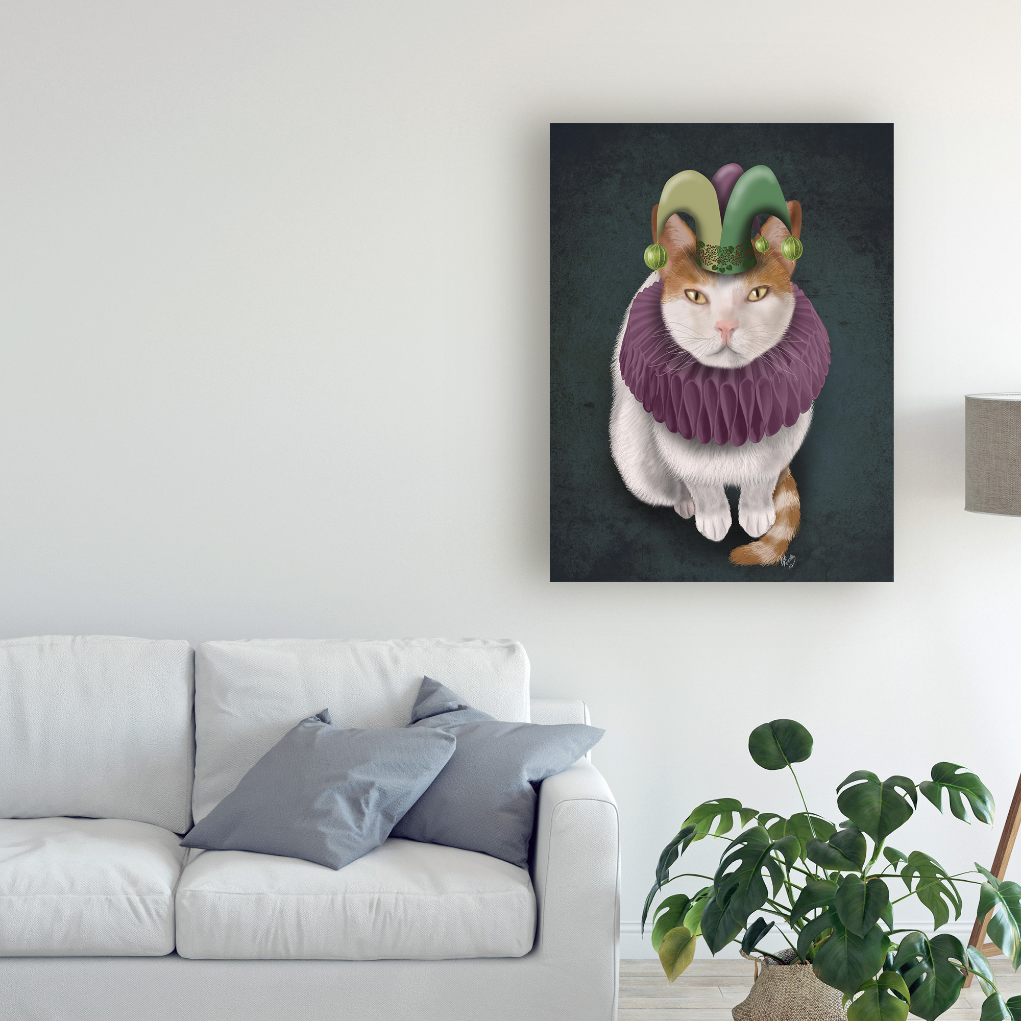 Trademark Fine Art 'Cat, White With Jester Hat' Canvas Art by Fab Funky