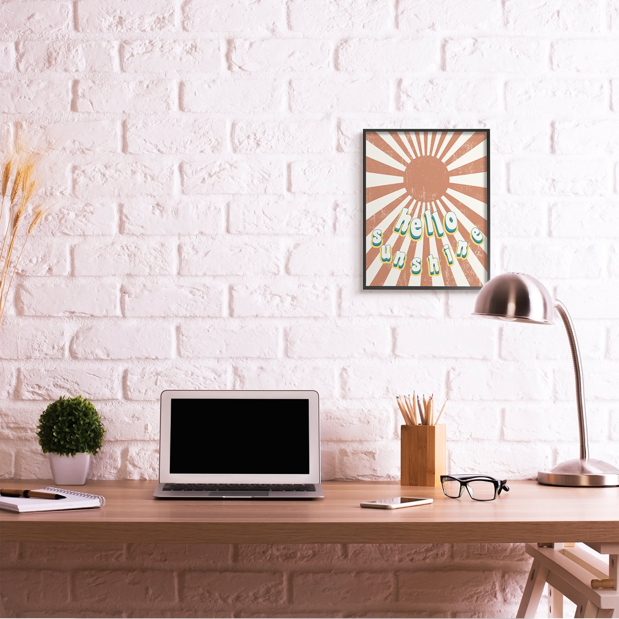 Stupell Industries Playful Hello Sunshine Phrase Orange Sun Burst Black Framed by Daphne Polselli
