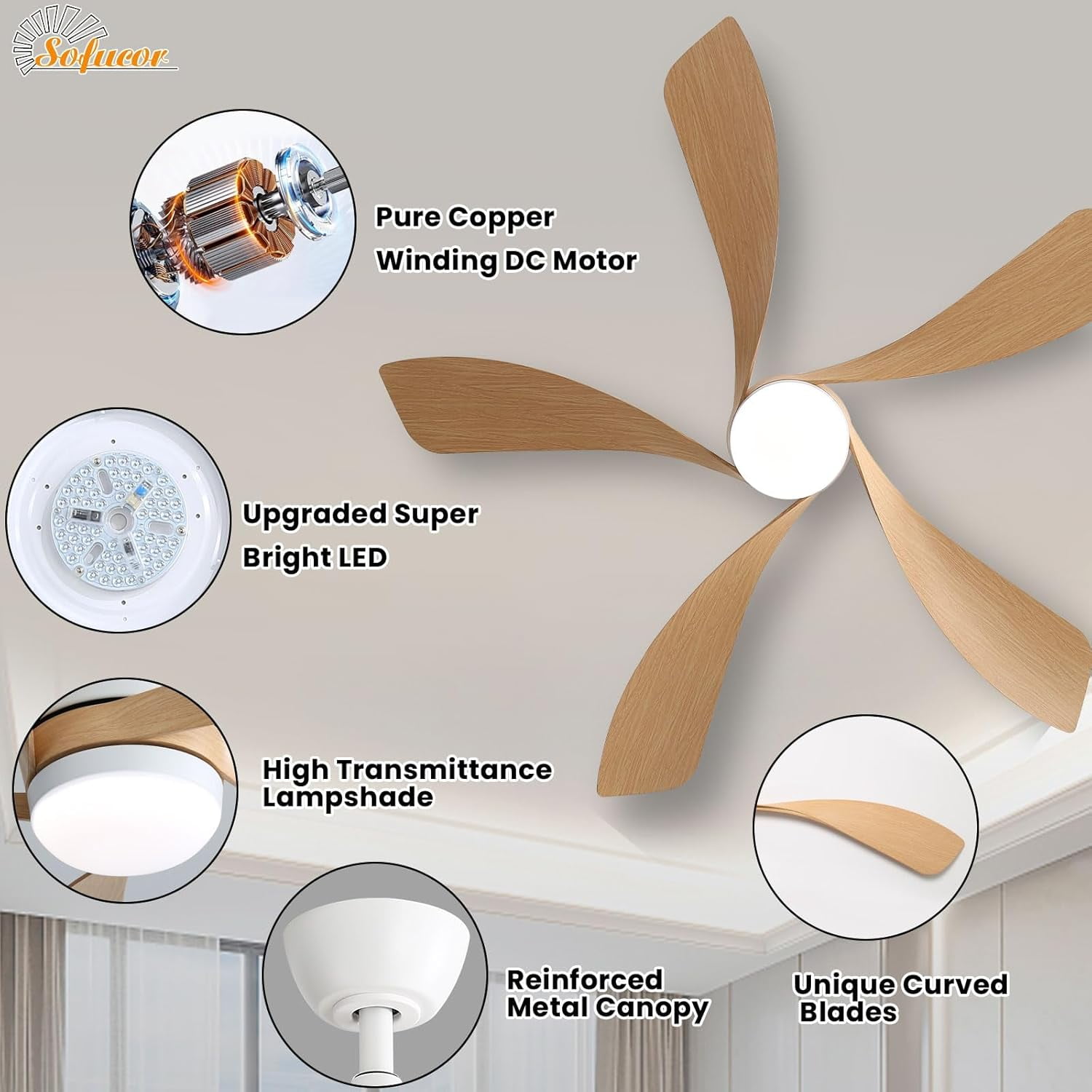 Sofucor 52" Smart Ceiling Fan, Indoor/Outdoor Ceiling Fans with Lights and Remote, Works with Alexa/Google/App, 3-Color Light 6-Speed Timing