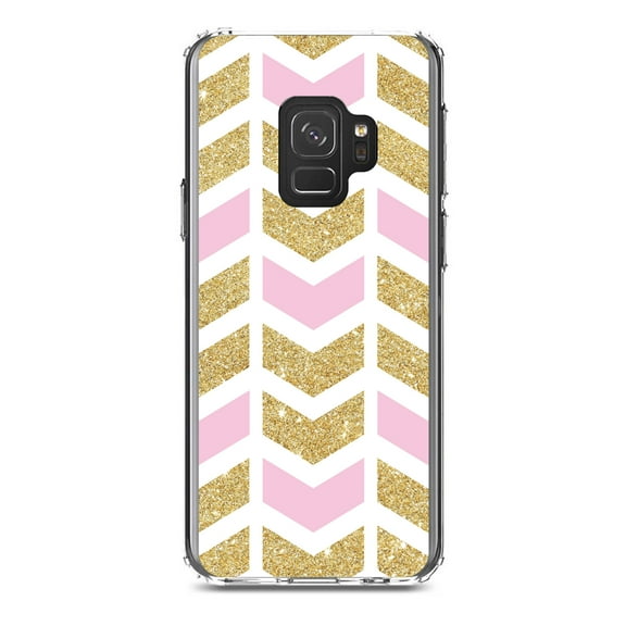 DistinctInk Clear Shockproof Hybrid Case for Samsung Galaxy S9 (5.8" Screen) - TPU Bumper, Acrylic Back, Tempered Glass Screen Protector - Pink & Gold Print - Random Chevron Pattern