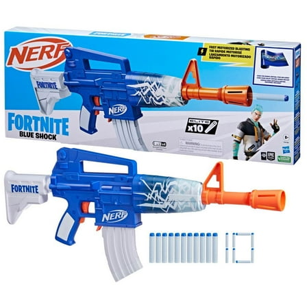 Nerf Fortnite Blue Shock Dart Blaster, 10-Dart Clip, 10 Elite Nerf Darts, Unlock Code, Boys and Girls, Ages 8 and up