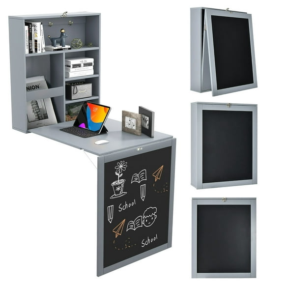 Gymax Wall Mounted Table Fold Out Convertible Desk with A Blackboard/Chalkboard Grey