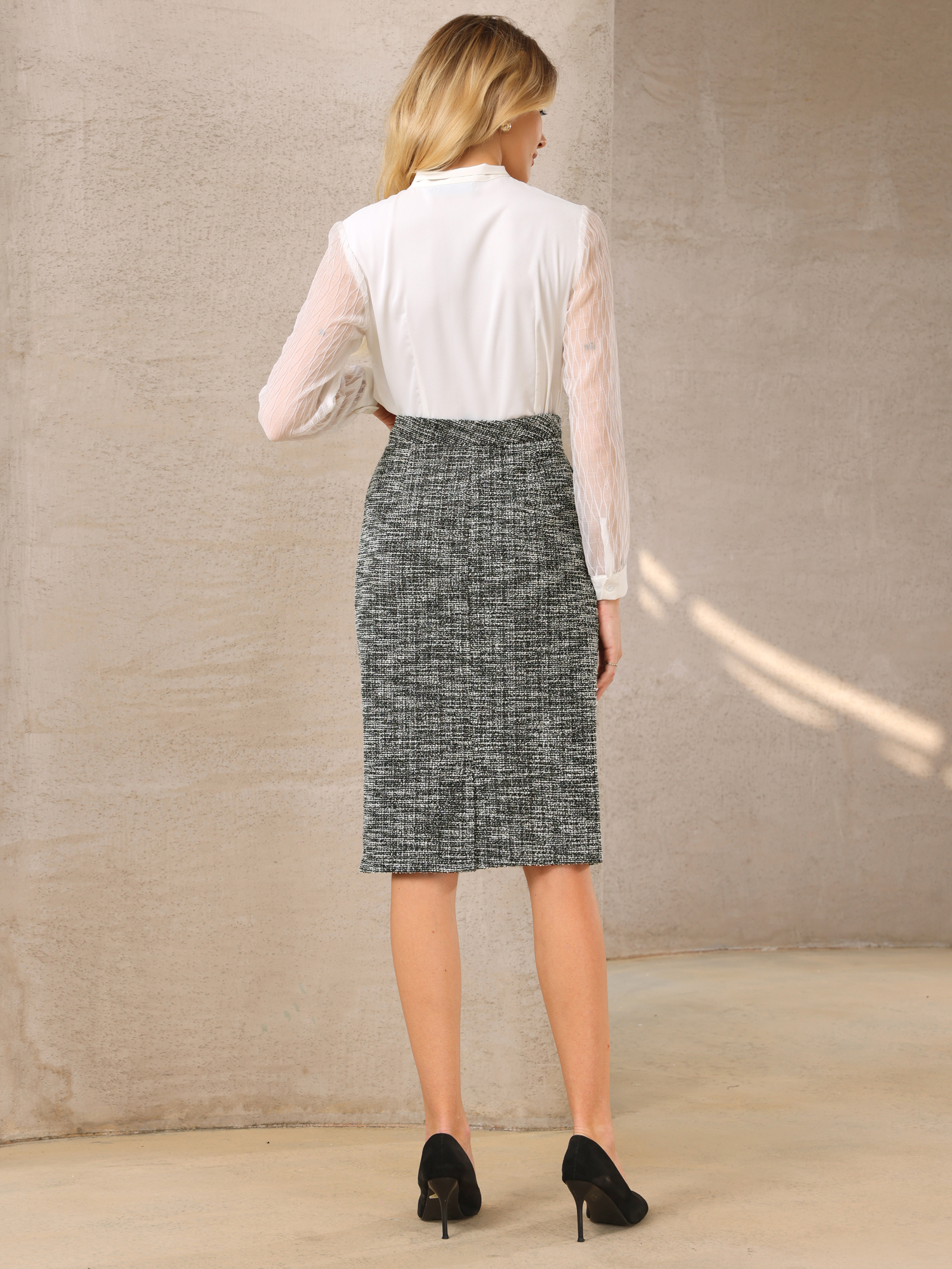 DARING DIVA Women's Tweed Pencil High Waisted Bodycon Midi Skirts M Black