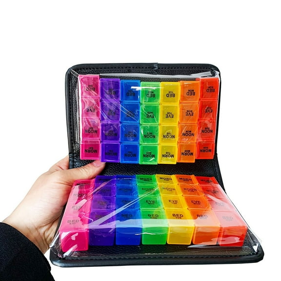 21-Compartment Travel Pill Organizer – Portable Purse-Style Vitamin & Medicine Storage Box for Capsules, Fish Oil & Supplements, Black Colorful