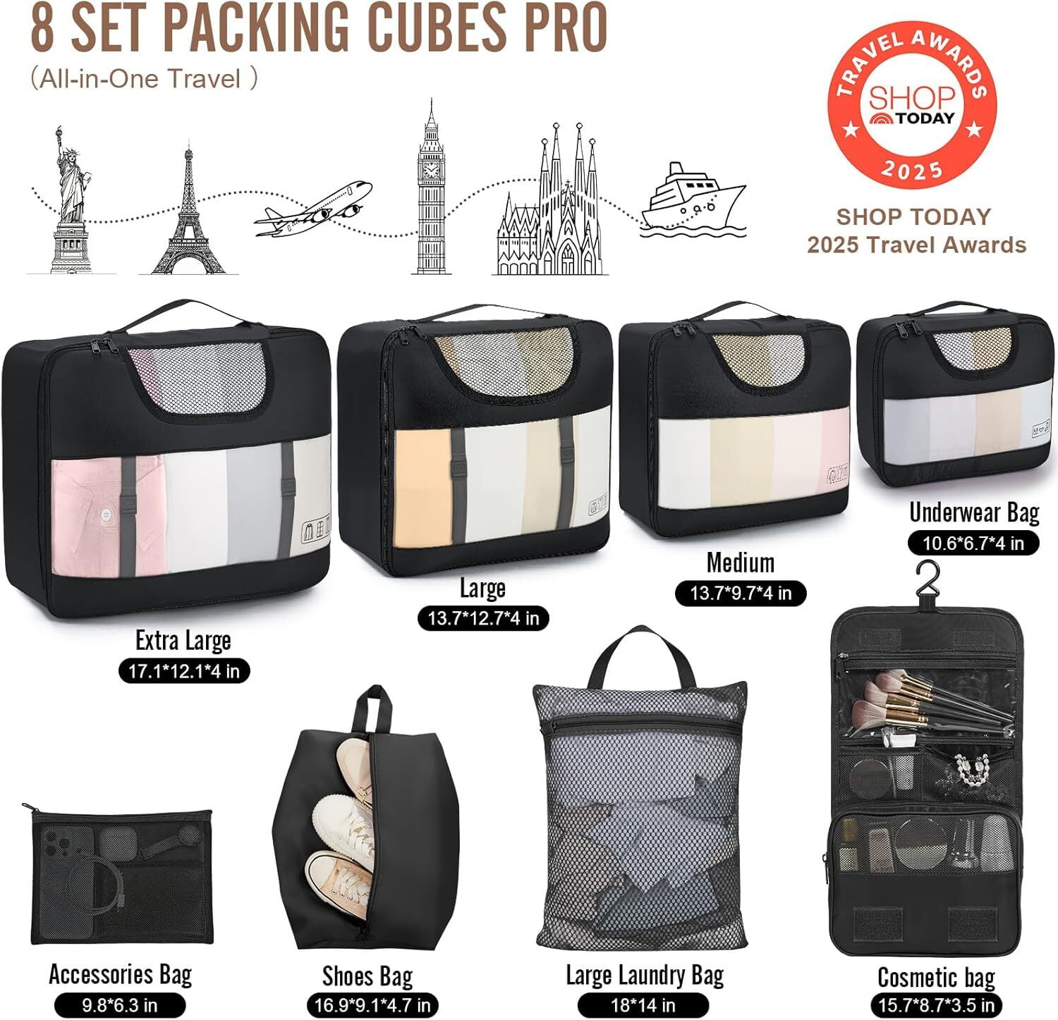 VEKEN 8 Set Packing Cubes for Travel, Beach Vacation Essentials Accessories, Suitcase Organizer Bags for Luggage with Hanging Toiletry & Shoe Bag, Birthday Gifts for Women Mom Her
