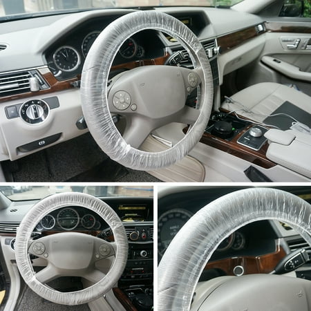 100pcs Car Elastic Disposable Plastic Waterproof Steering Wheel Cover Universal White