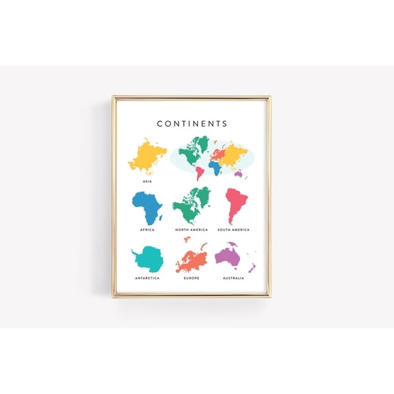 World Continents Education Montessori Learning Material Classroom Map Art, Unframed Paper Poster 8x10in