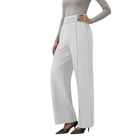 hoksml Women's Pull On High Waist Dress Pants, Solid Pleated Wide Leg Offitce Casual Trousers, with Pockets