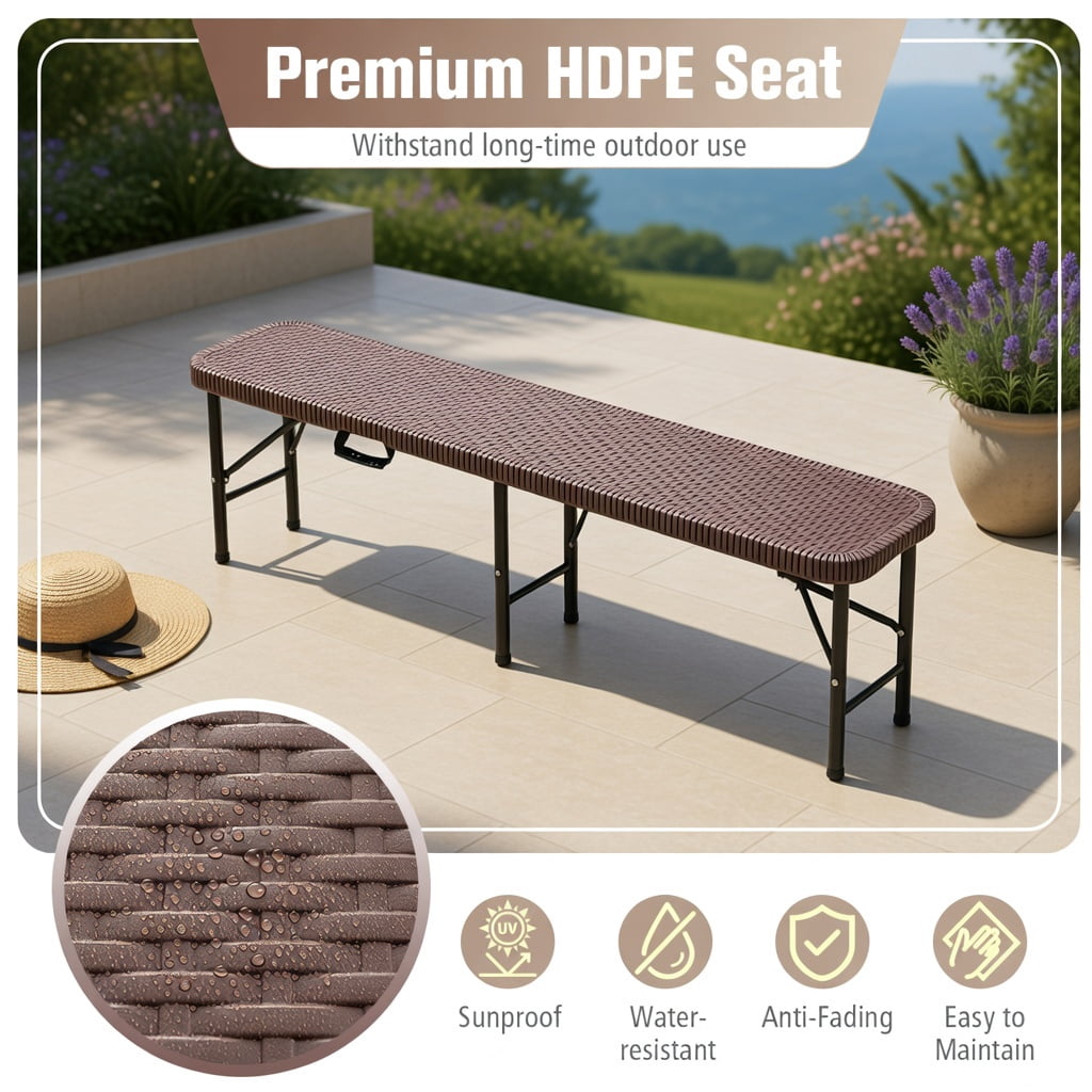 Hommoo 6 Foot Heavy-Duty Folding Bench, Compact Foldable Outdoor Seating with Carry Handle, HDPE Seat & Reinforced Steel Frame, Coffee