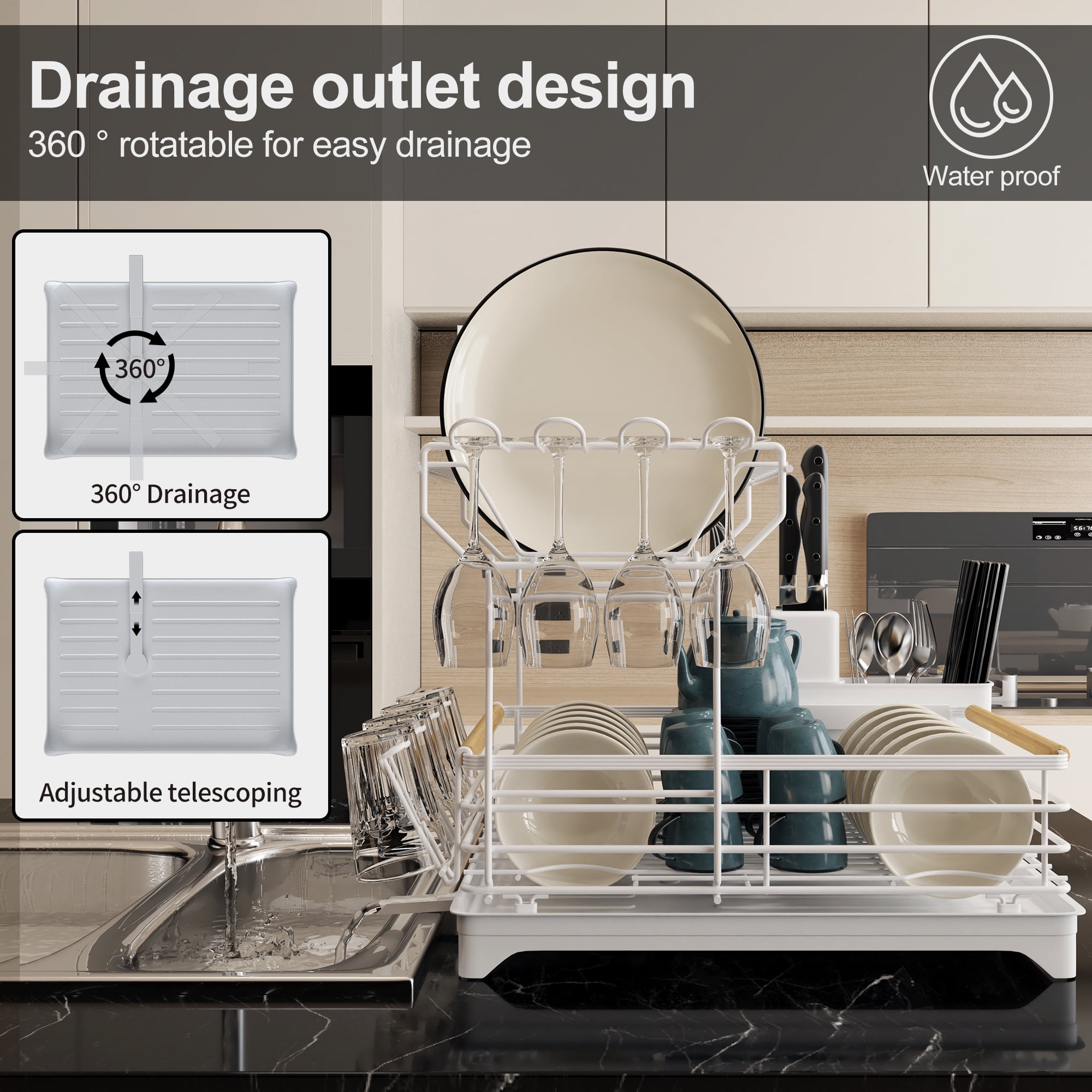 Innovaze Metal Dish Drying Rack, 2 Tier Compact Dish Rack w/Bamboo Holder for Kitchen Counter, White