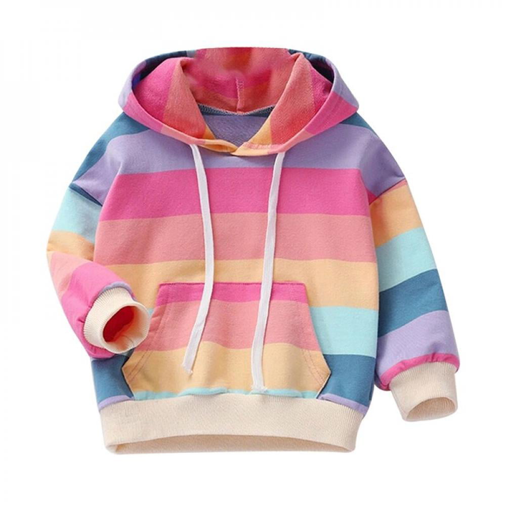 Kids Girls Hoodie Sweatshirt Tops Rainbow Stripes Pullover Coats Autumn Clothes 