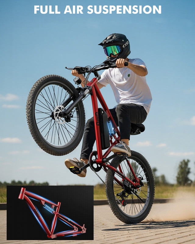 Qlife Electric Bike for Adults - 21-Speed Mountain Lightweight Ebike with Peak 750W 20MPH Brushless Motor, 26X2.1 Full Suspension Tire Step Over E-MTB (Red) with Fender & Rear Rack