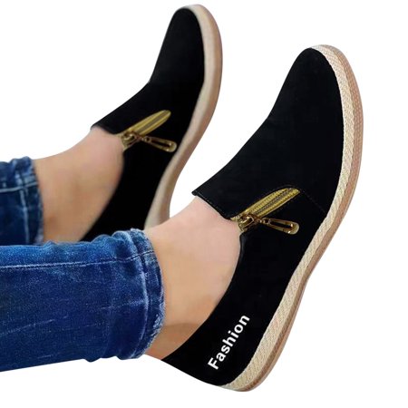 

f21 Womens Fashion Solid Color Round Toe Shallow Mouth Side Zipper Flat Casual Shoes Wedge Loafers Shoes for Women Size 6.5 Black Wide