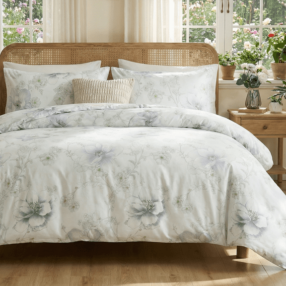 Floral Duvet Cover 100% Cotton Reversible Green Floral Duvet Cover Set with Zipper Closure 3 Pcs Green Leaf Soft & Breathable Bedding Comforter Cover