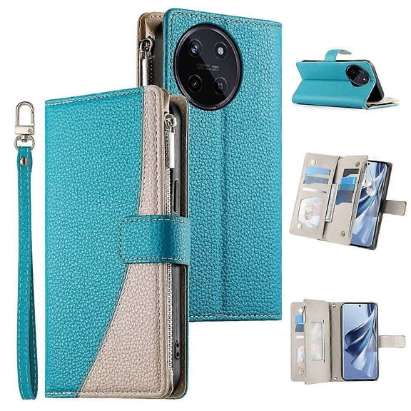 Stitched Multi-Card Slot Zip Wallet Leather Phone Case with Short Shoulder Strap