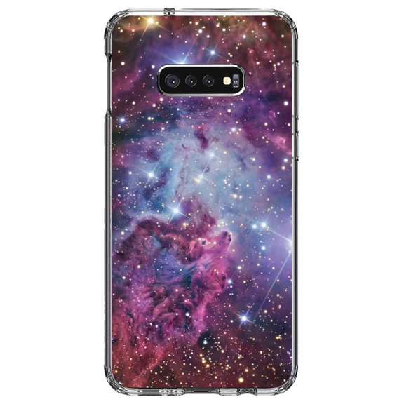 DistinctInk Clear Shockproof Hybrid Case for Samsung Galaxy S10e (5.8" Screen) - TPU Bumper, Acrylic Back, Tempered Glass Screen Protector - Pink Purple Blue Fox Fur Nebula - Astronomy