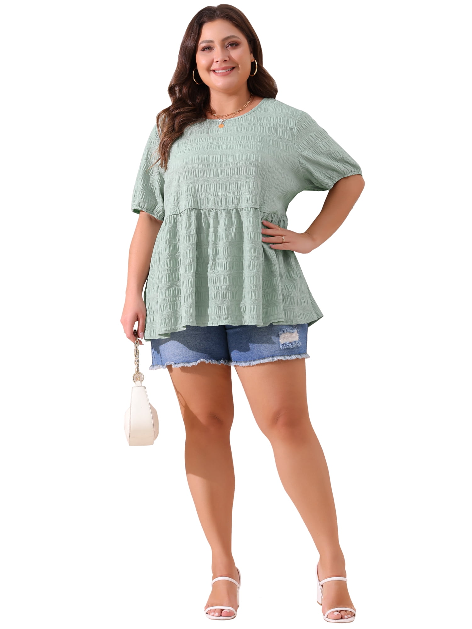 Women's Plus Babydoll Tops Crewneck Short Sleeve Loose Fit Flowy Blouse 2X Greyish Green