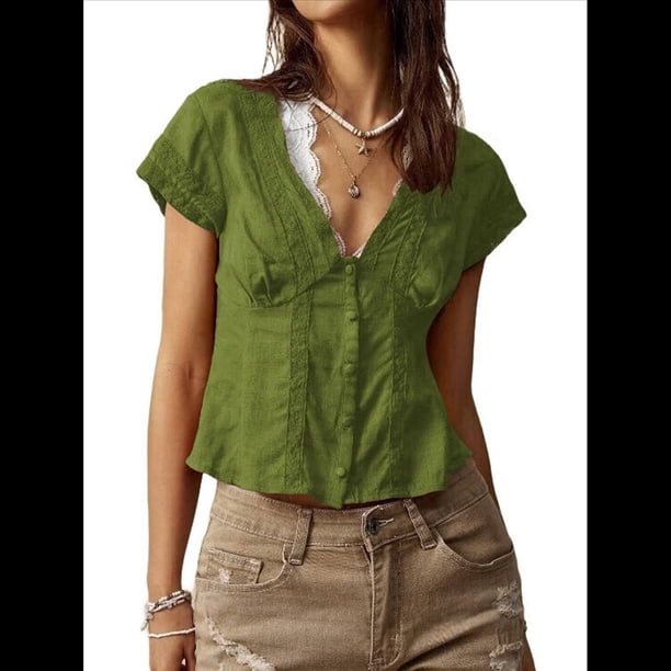 Blusa de Encaje con Cuello en V para Mujer, Corta, Fruncida, Ropa de Verano para Vacaciones Verde M