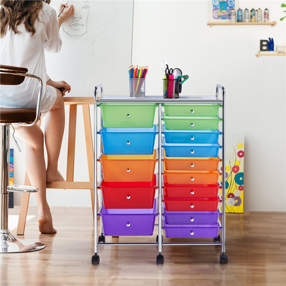 Yaheetech 15 Drawers Rolling Storage Cart Bin Organizer Metal Frame Plastic Drawers, Multicolor
