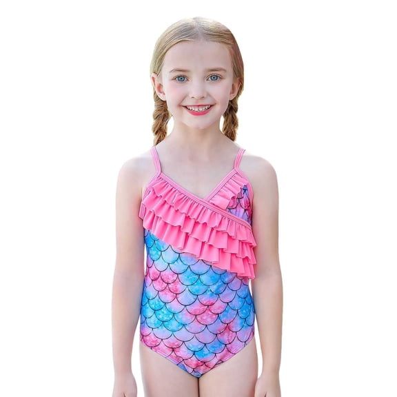 Shadoumai Girls One Piece Swimsuit Size 5-6 Trim Wrap Tie Back Tankini with Shorts Quick Dry & Stretchy Tropical Print Girl Bathing Suit Tween Adjustable Straps Padded Modest Swimwear