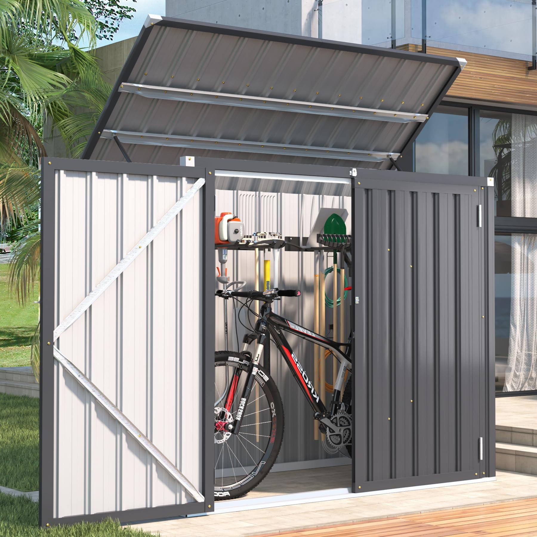 AECOJOY 46 Cu ft. Outdoor Horizontal Storage Shed Wastebasket Enclosure Container Metal Garbarge Shed in Gray