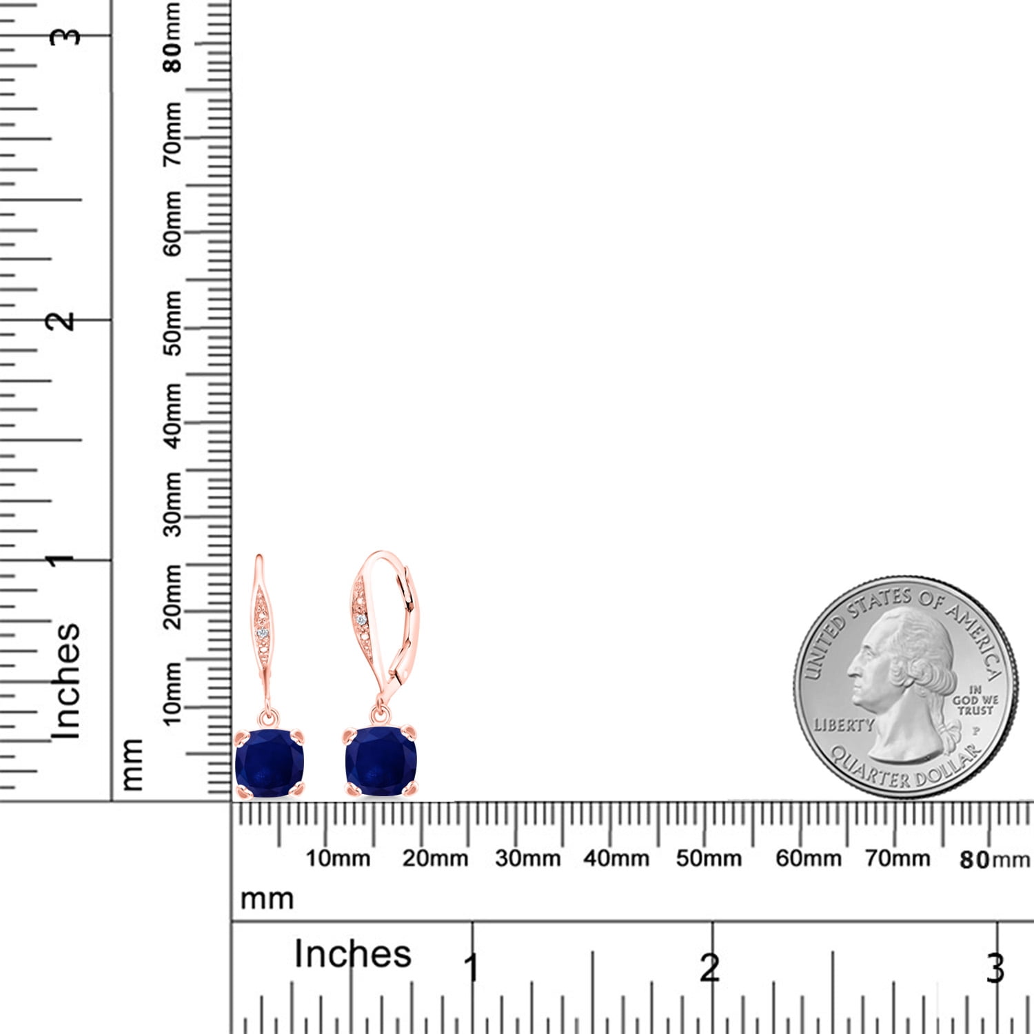 Gem Stone King 18K Rose Gold Plated Silver Blue Sapphire and White Diamond Earrings for Women (4.01 Cttw, Gemstone September Birthstone, Cushion 7MM)