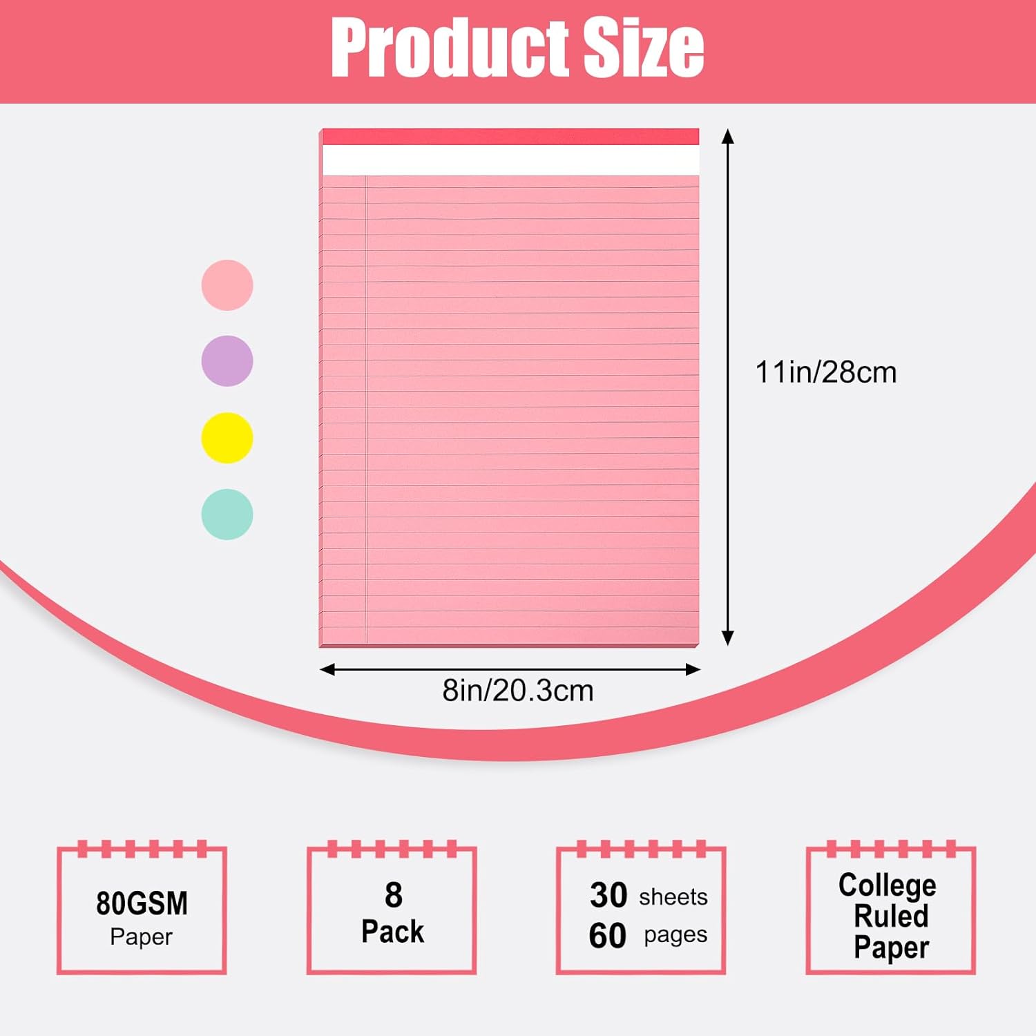 8 Pack Colored Legal Pads Writing Pads 8x11 Inch, 80GSM Thick Paper Note Pads 30 Sheets College Ruled Legal Notepads Steno Pads To Do List for Office Work