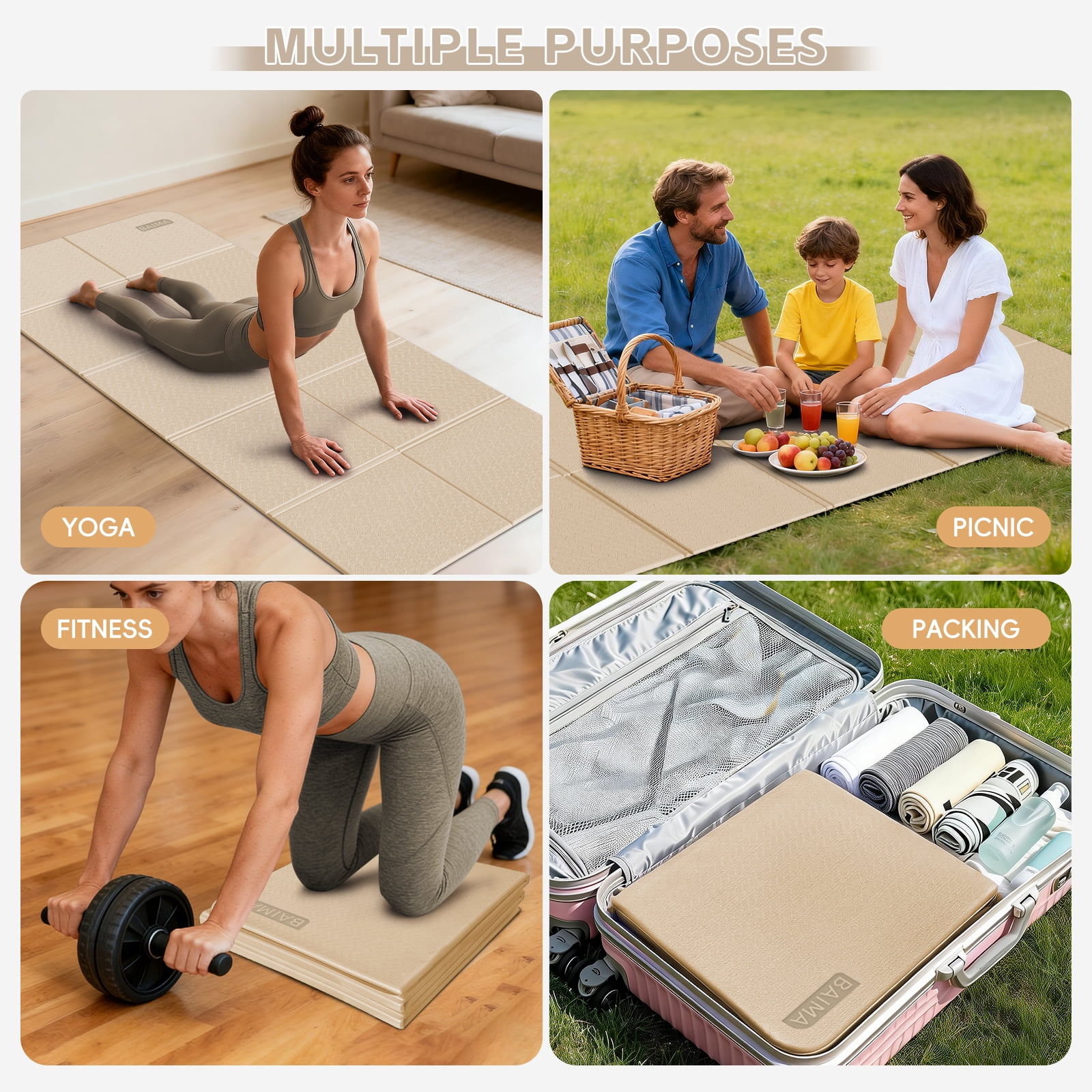 BAIMA Large Yoga Mat Thick Extra Wide and Long , Foldable Portable Travel Square Mats (Milkcoffee +Black)