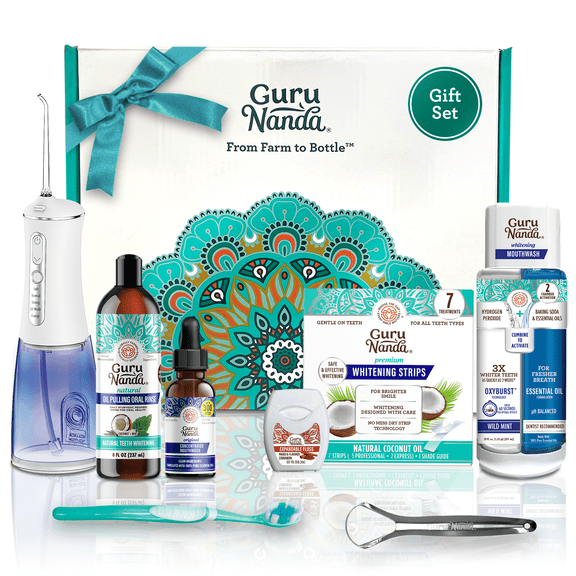 GuruNanda 7 Step Regimen 1.0 - Coconut Mint Oil Pulling, Mouthwash, Butter on Gums for Health Teeth & Gums
