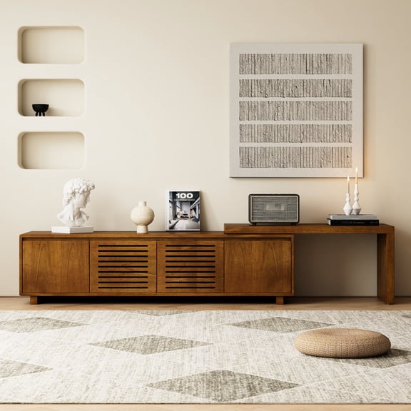 Mid-century modern TV stand with adjustable panel expands up to 98 inches for 60 - 69" TVs in living room or bedroom