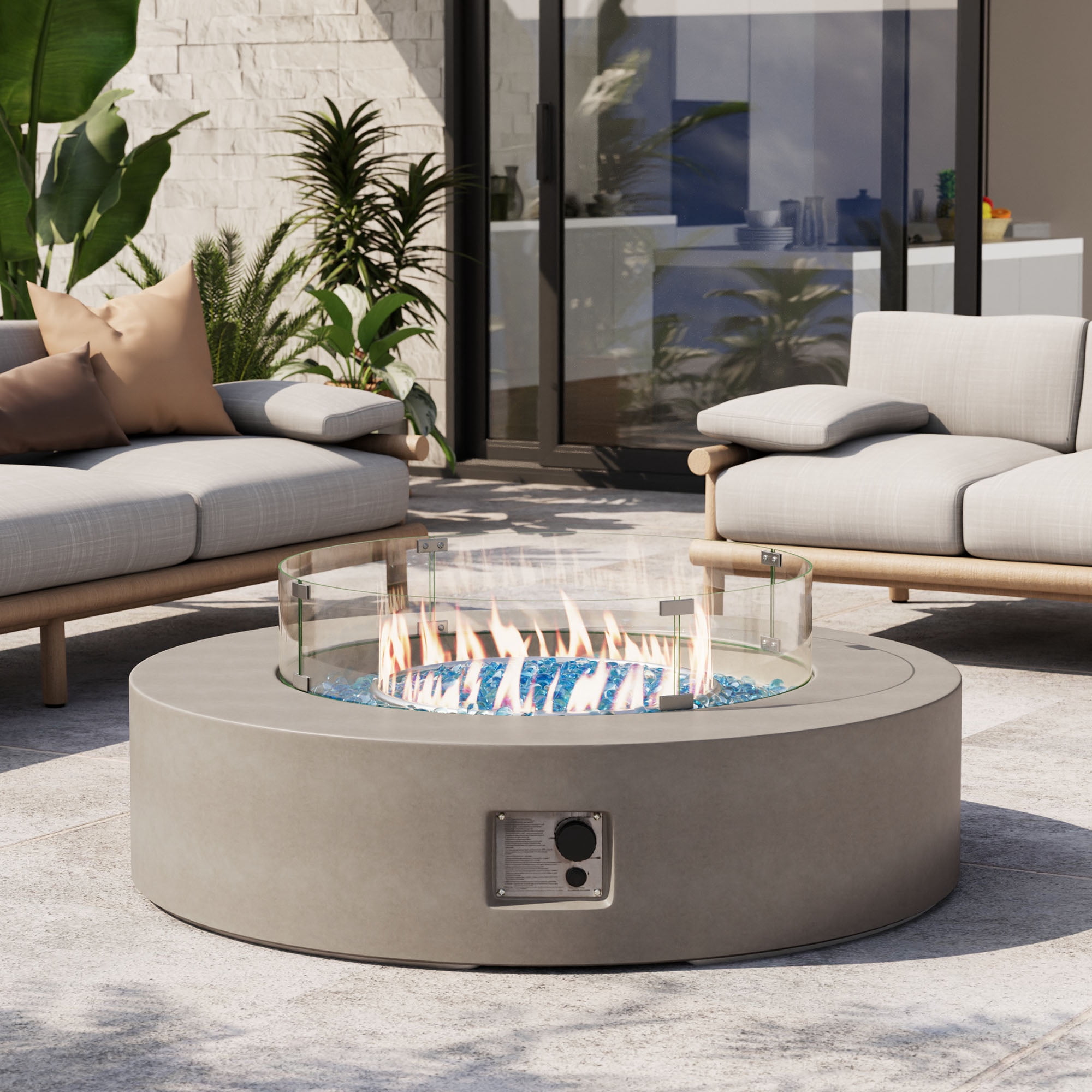 VENTOPYR Outdoor Propane Fire Pit Coffee Table, 40.5-inch Round, 50,000 BTU, Gray Finish with Wind Guard, Fire Glass, Rain Cover
