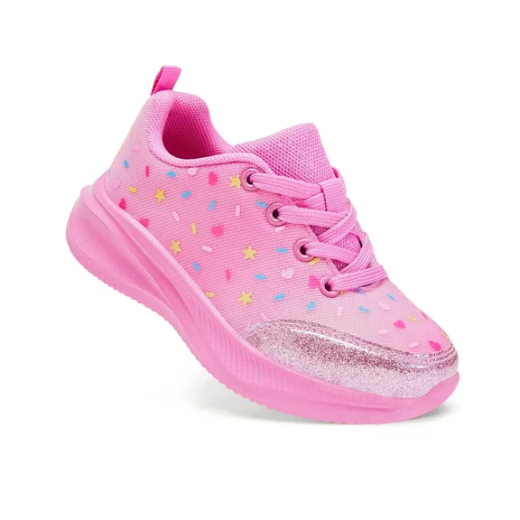 FUNCOO PLUS Kids Athletic Sneakers Girls Lace Up Walking Shoes Toddler Glitter Breathable Outdoor Running Shoe, Dessert, Size 13