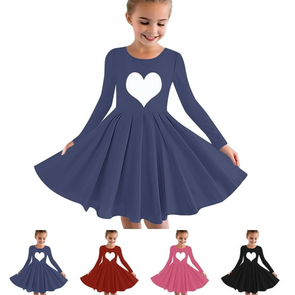 Antinious Girls Frock Dress Banquet Dress Girls Long Sleeve Solid Heart Print Twirly Skater School Recital Princess Dress,Toddler Girls Outer Dress,Kids Party Dress,Black,140