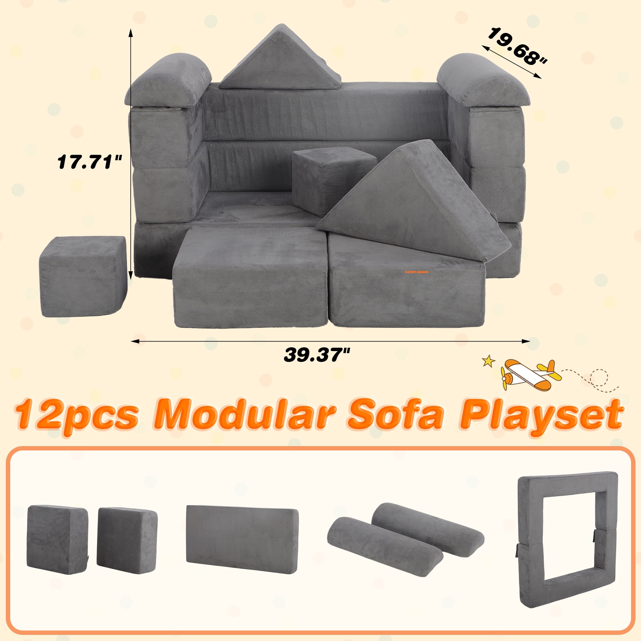 HSUNNS Modular Kids Couch Play Set, 12 PCS Indoor Sponge Sofa for Playroom and Living Room, Gray