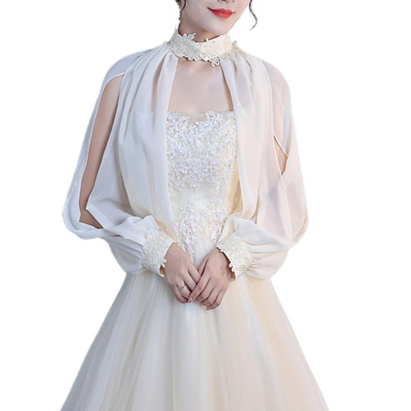 Women Side Split Long Sleeve Wedding Shawl Cape Halter Neck Chiffon Shrug Bolero