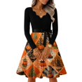 thumbnail image 6 of Halloween Dresses for Women Spider Printed Long Sleeve Classic Dresses Candy Cocktail V-Neck Horror Tea Length Dress with Belt 5XL, 6 of 7