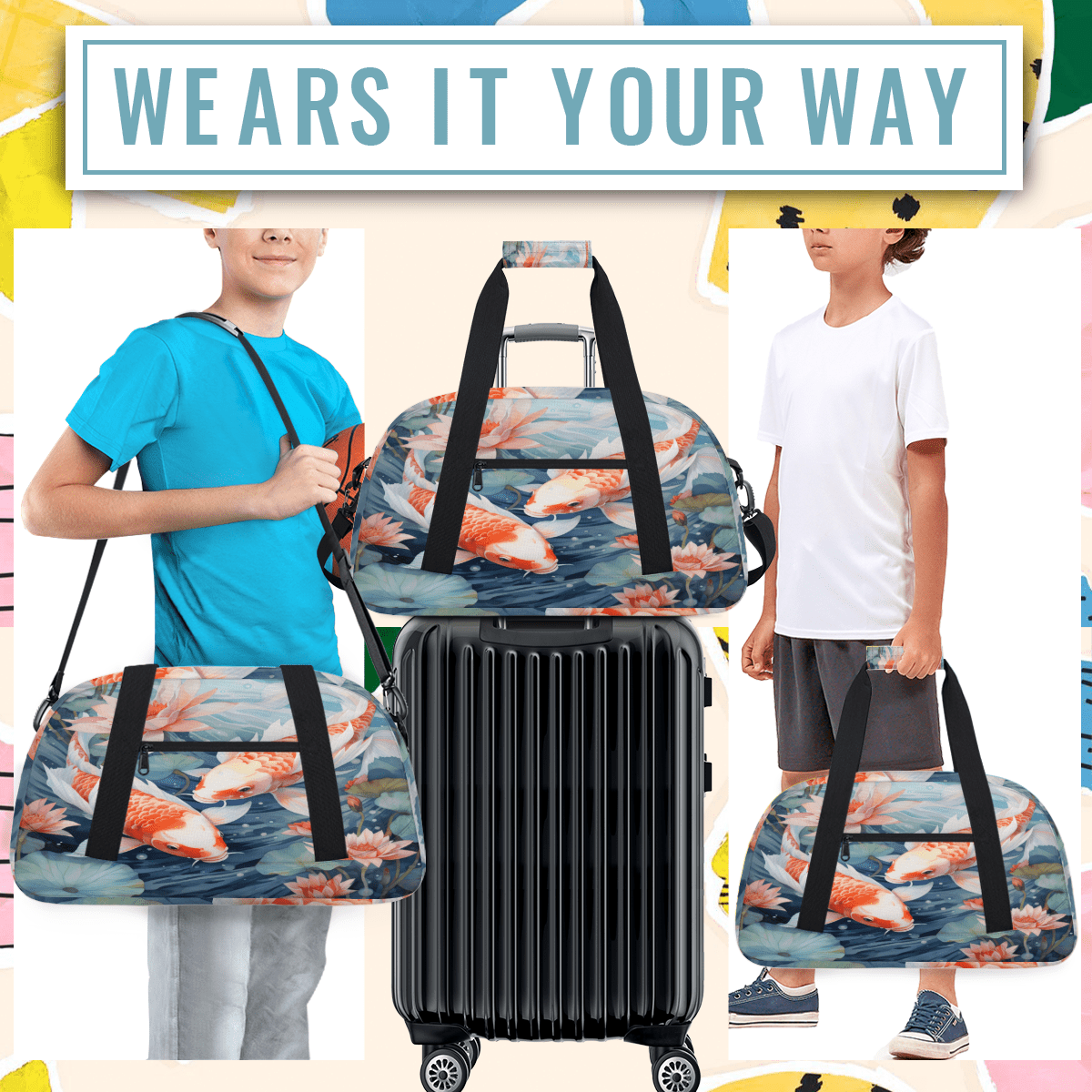 Herdesigns Colorful Carp Lotus Leaf Sports Duffle Bag for Women & Men, Japanese Art Gym Bag Dance Bag Overnight Bag Carry On Weekender Travel Bag