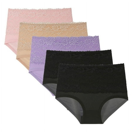 Ohufall Women s Plus Size Briefs Underwear Sexy Solid Color Floral Pattern High Waist Panty Stretchy Breathable Hip-lifting Tummy Control Brief  5-Pack