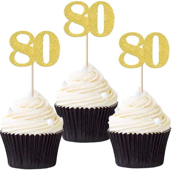 12 Pack Gold Glitter 80 Cupcake Toppers, Number 80 Picks for 80th Birthday Anniversary Party Cake Decorations Supplies