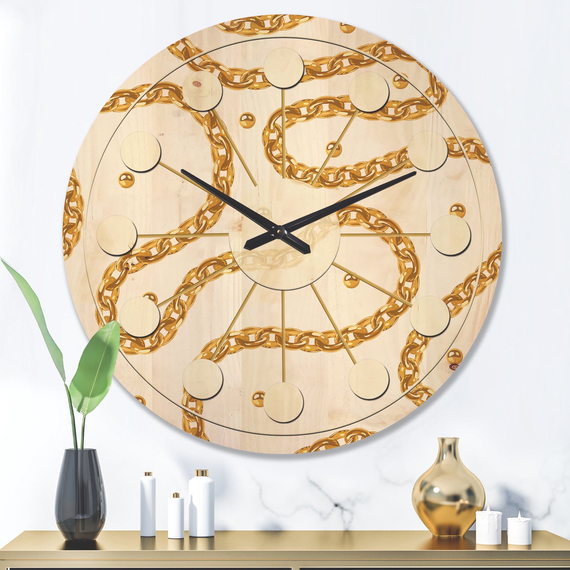 Designart 'Golden Chain Necklace Retro Pattern' Mid-Century Modern Wood Wall Clock