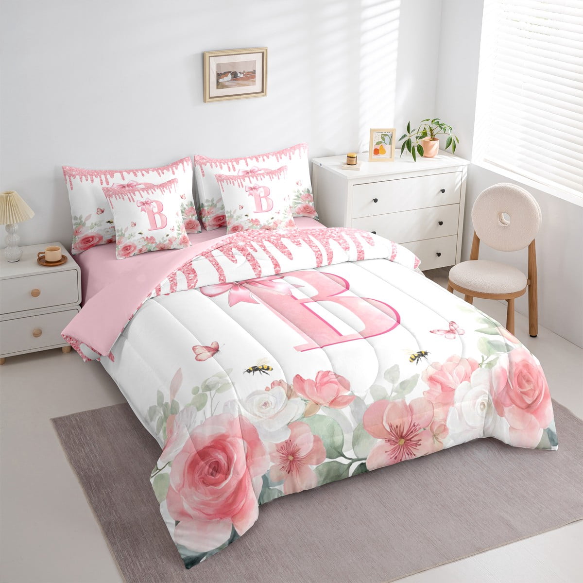 jejeloiu Initial Letter B Twin Bedding Sets 7-Piece,Vintage Rustic Flower Bedding Comforter Set,White Pink Bowtie Sheet Sets For Girls,Breathable Bedroom Decoration Reversible