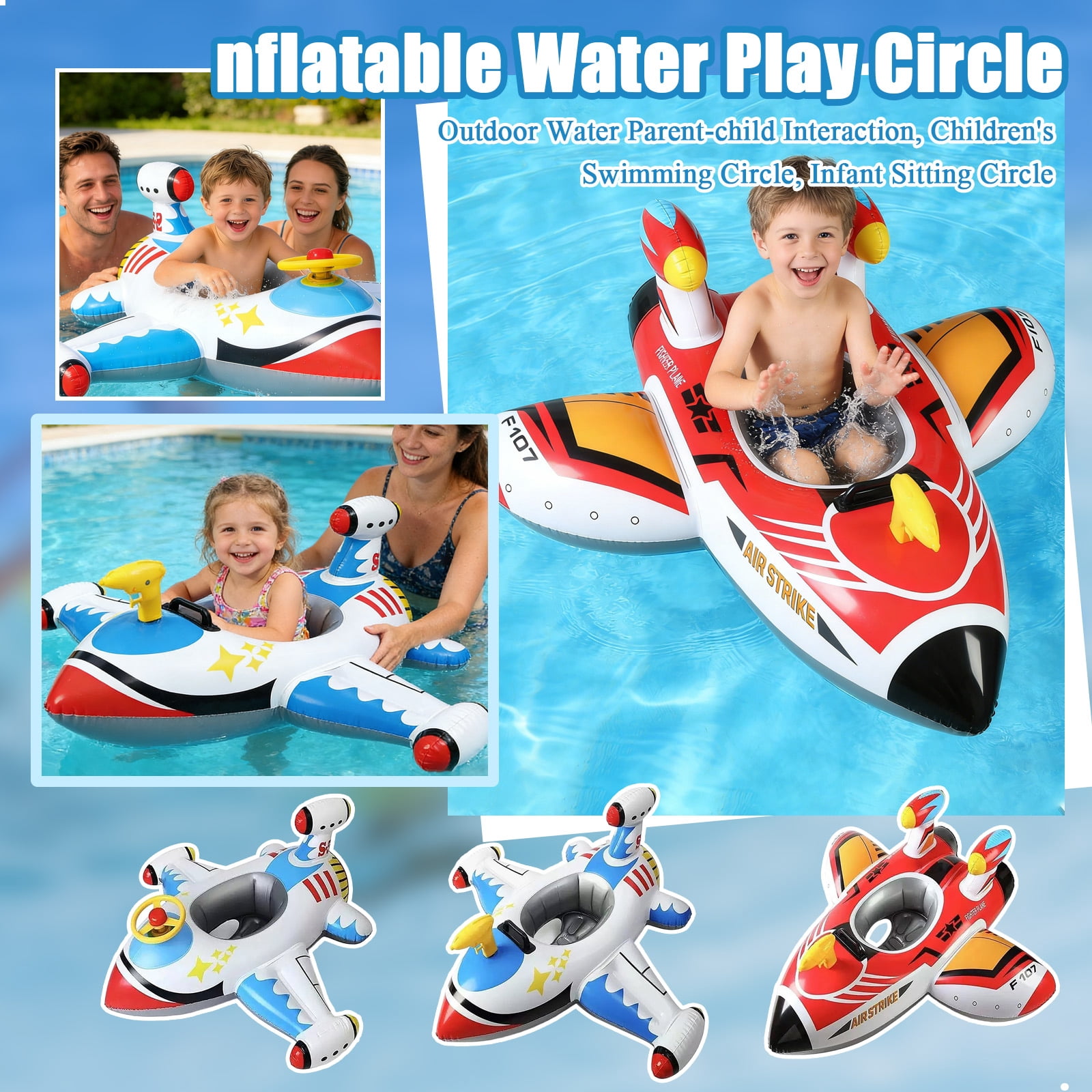 QLUEWX Blue Baby Airplane Pool Floats, 43" Inflatable Airplane Swim Float with Water Squirt Blaster, Summer Baby Swimming Infant Pool Float Beach Toys, Party Favors Water Play for Kids 1-8