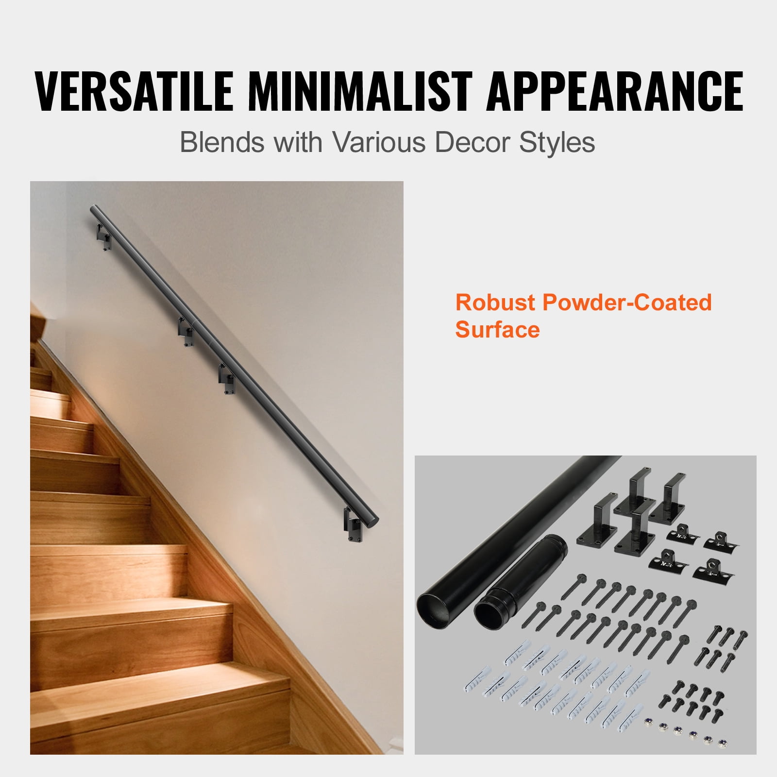 BENTISM 7 ft Wall-Mount Handrail Stair Railing Aluminum Alloy w/ Installation Kit